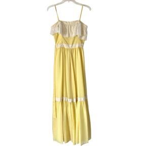 Vintage Handmade Boho Yellow White Lace Trim Ruffle Maxi Dress size small